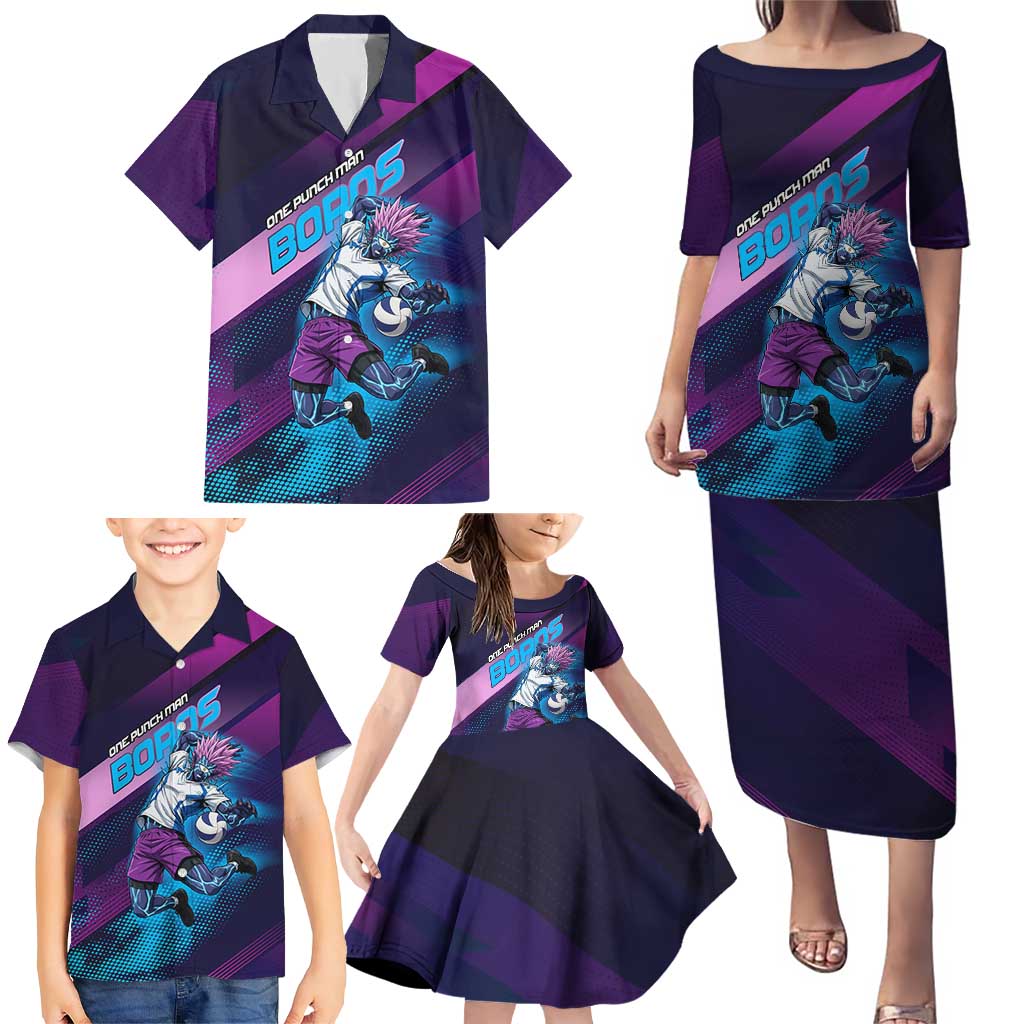 Personalized Boros Volleyball Action Design Family Matching Puletasi and Hawaiian Shirt With a dynamic sporty style in purple and blue.
