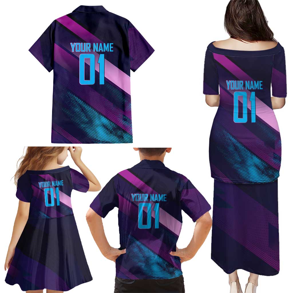 Personalized Boros Volleyball Action Design Family Matching Puletasi and Hawaiian Shirt With a dynamic sporty style in purple and blue.