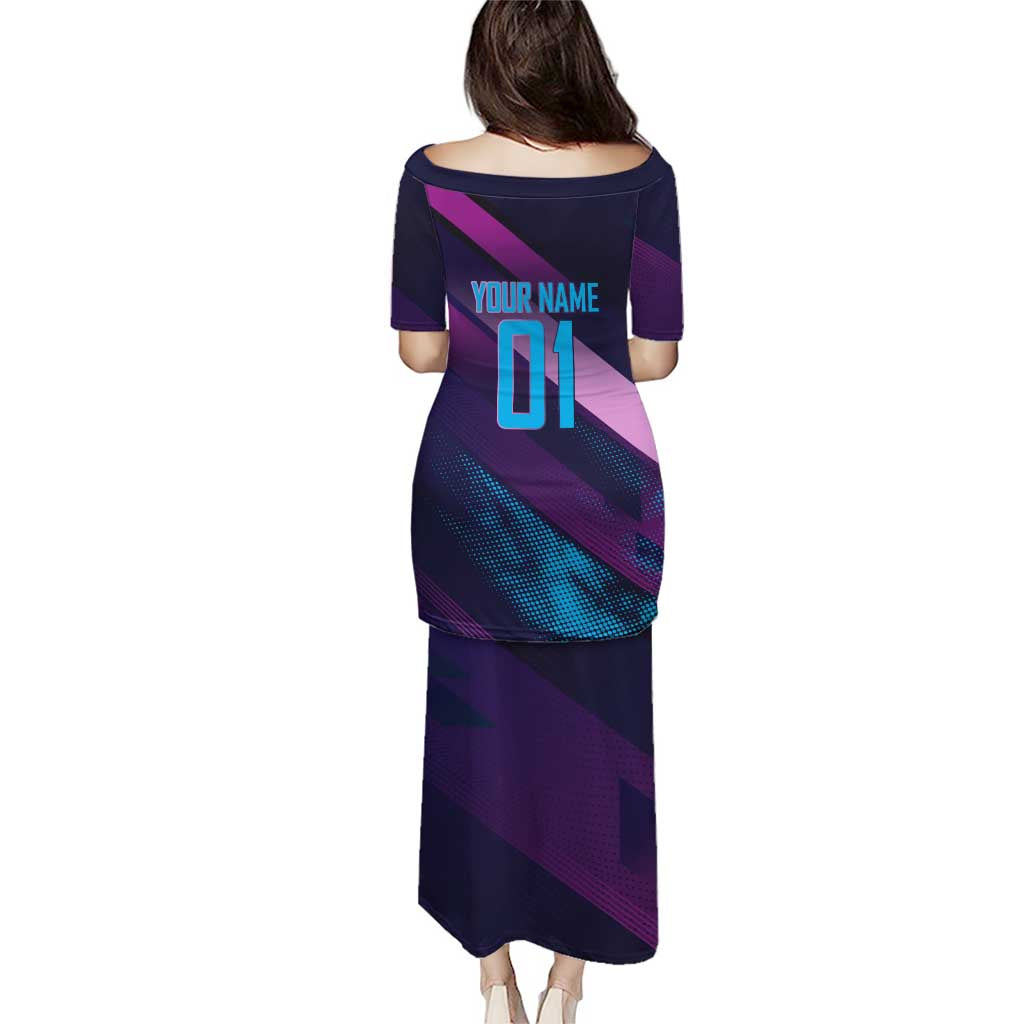 Personalized Boros Volleyball Action Design Family Matching Puletasi and Hawaiian Shirt With a dynamic sporty style in purple and blue.