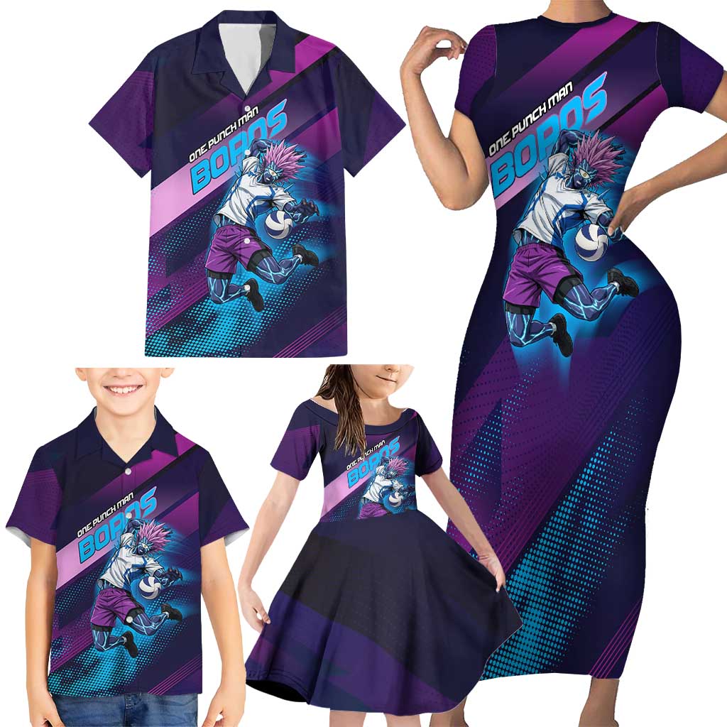Personalized Boros Volleyball Action Design Family Matching Short Sleeve Bodycon Dress and Hawaiian Shirt With a dynamic sporty style in purple and blue.