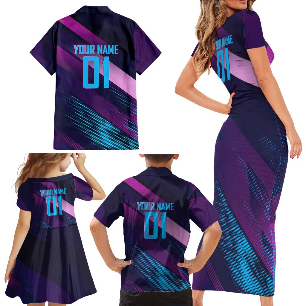 Personalized Boros Volleyball Action Design Family Matching Short Sleeve Bodycon Dress and Hawaiian Shirt With a dynamic sporty style in purple and blue.