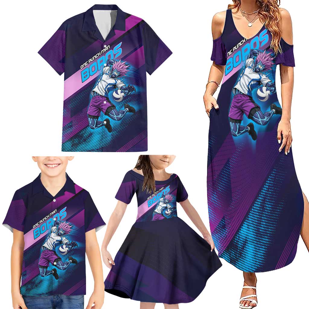 Personalized Boros Volleyball Action Design Family Matching Summer Maxi Dress and Hawaiian Shirt With a dynamic sporty style in purple and blue.
