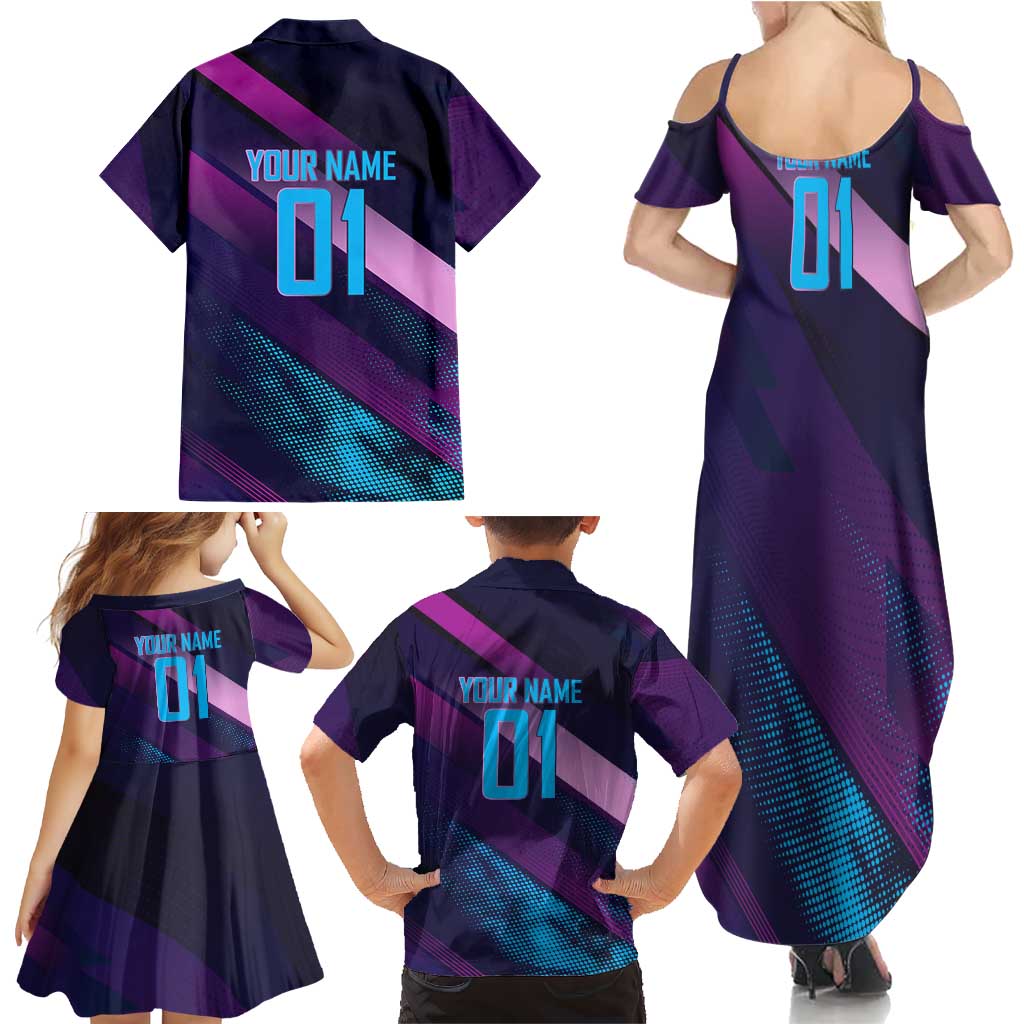 Personalized Boros Volleyball Action Design Family Matching Summer Maxi Dress and Hawaiian Shirt With a dynamic sporty style in purple and blue.