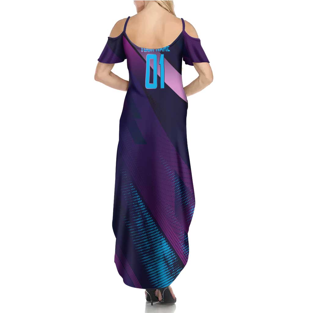 Personalized Boros Volleyball Action Design Family Matching Summer Maxi Dress and Hawaiian Shirt With a dynamic sporty style in purple and blue.