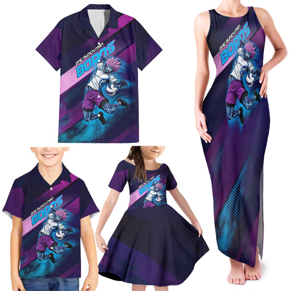 Personalized Boros Volleyball Action Design Family Matching Tank Maxi Dress and Hawaiian Shirt With a dynamic sporty style in purple and blue.