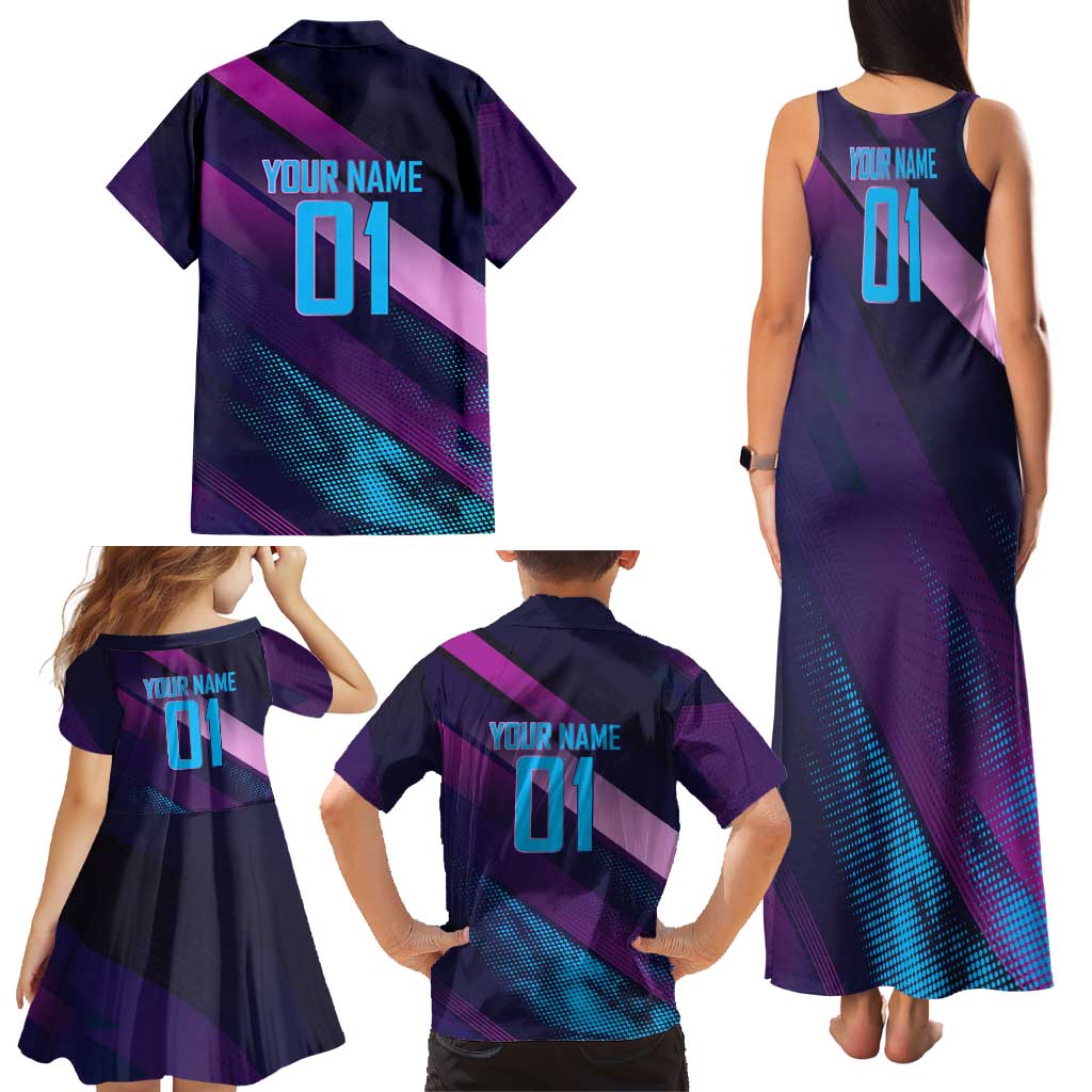 Personalized Boros Volleyball Action Design Family Matching Tank Maxi Dress and Hawaiian Shirt With a dynamic sporty style in purple and blue.