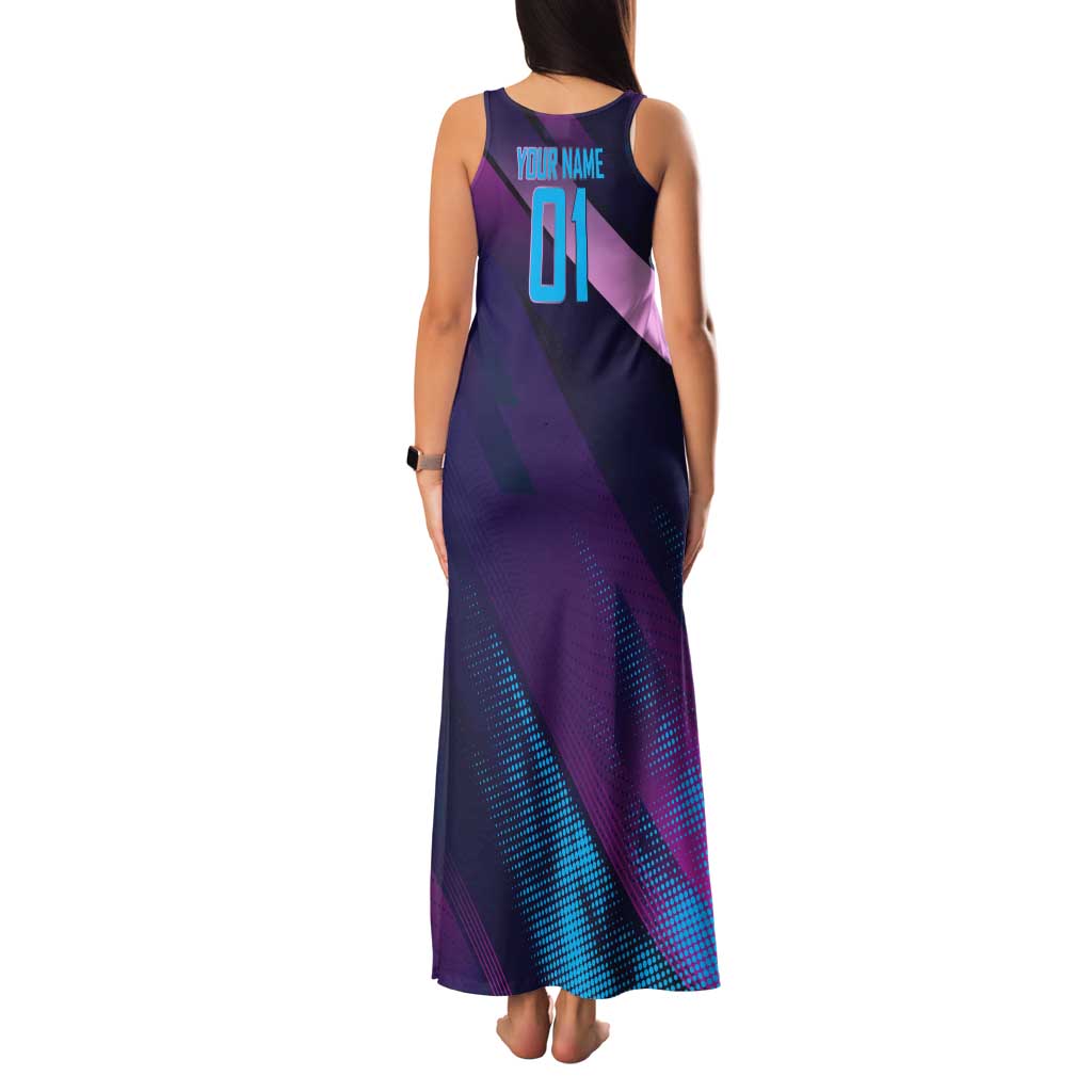 Personalized Boros Volleyball Action Design Family Matching Tank Maxi Dress and Hawaiian Shirt With a dynamic sporty style in purple and blue.