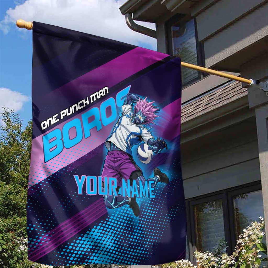 Personalized Boros Volleyball Action Design Garden Flag With a dynamic sporty style in purple and blue.