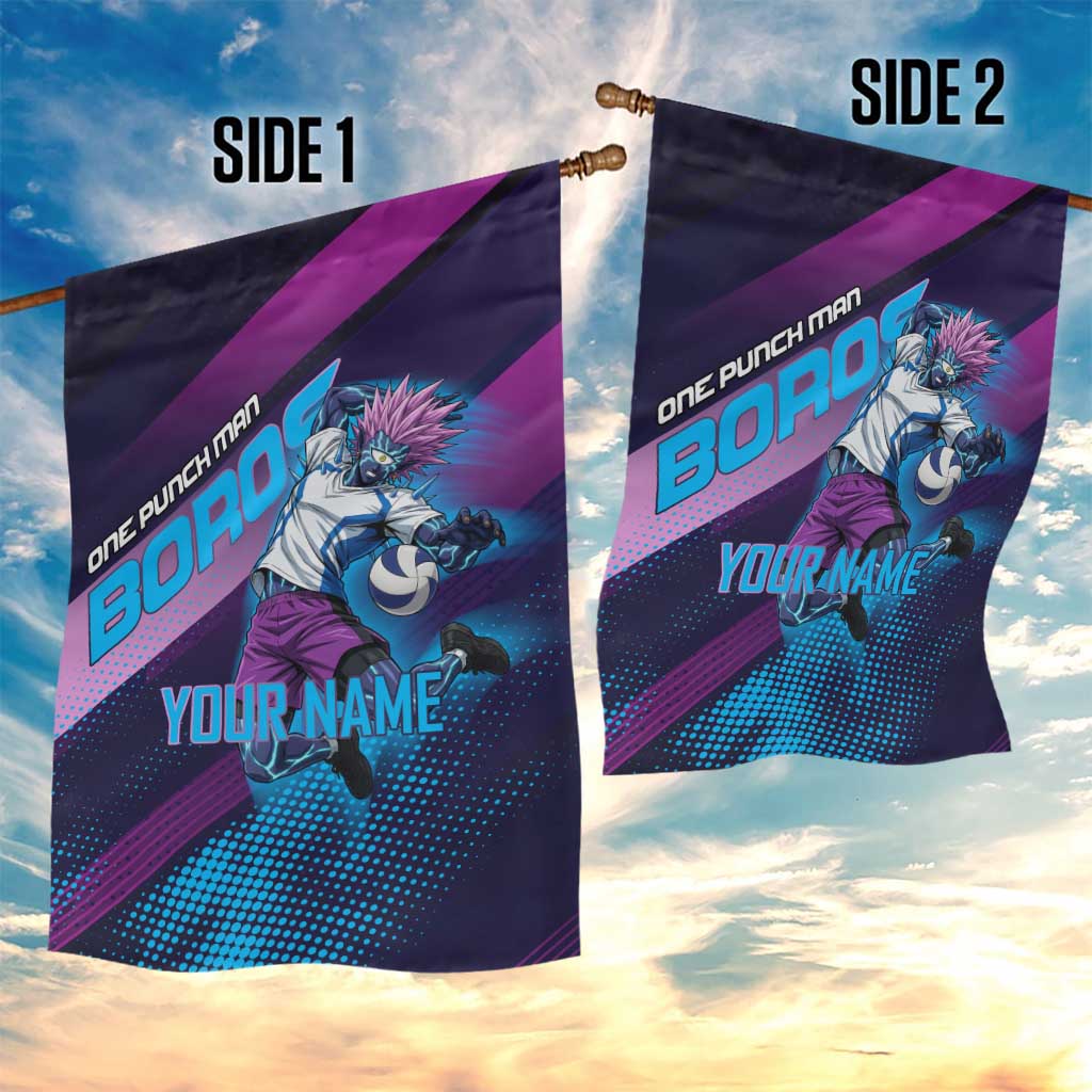 Personalized Boros Volleyball Action Design Garden Flag With a dynamic sporty style in purple and blue.