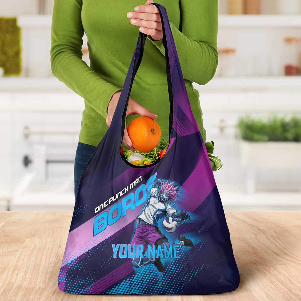 Personalized Boros Volleyball Action Design Grocery Bag With a dynamic sporty style in purple and blue.