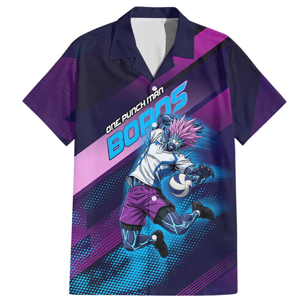 Personalized Boros Volleyball Action Design Hawaiian Shirt With a dynamic sporty style in purple and blue.