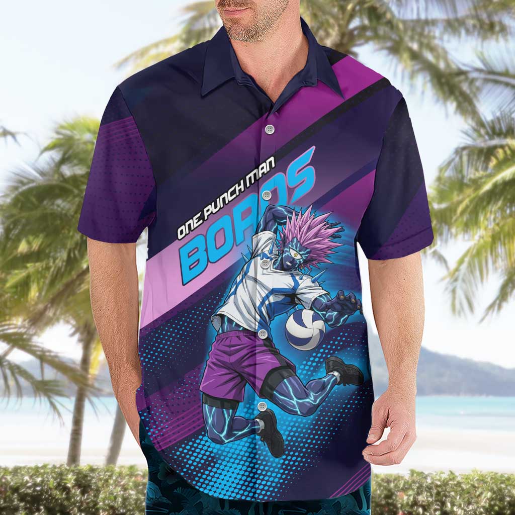 Personalized Boros Volleyball Action Design Hawaiian Shirt With a dynamic sporty style in purple and blue.