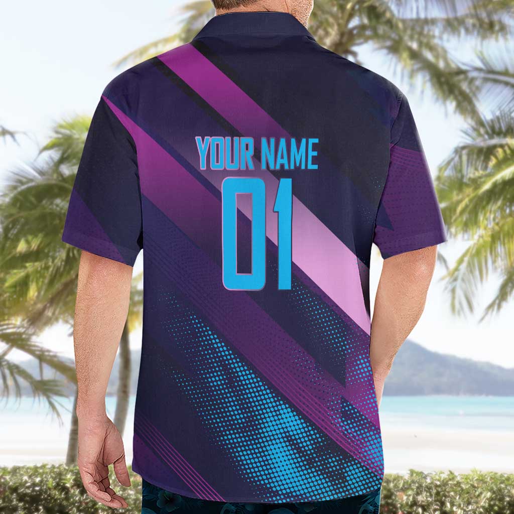 Personalized Boros Volleyball Action Design Hawaiian Shirt With a dynamic sporty style in purple and blue.