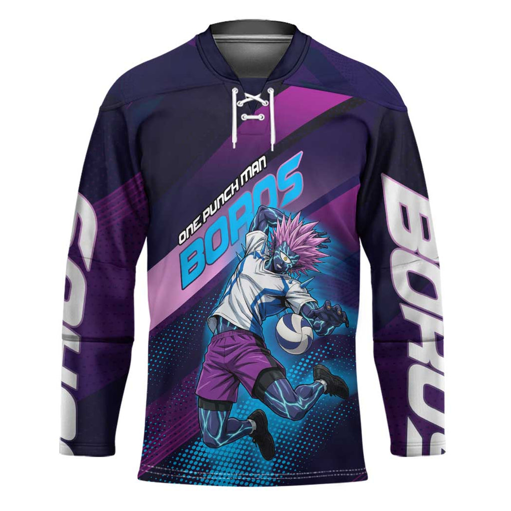 Personalized Boros Volleyball Action Design Hockey Jersey With a dynamic sporty style in purple and blue.
