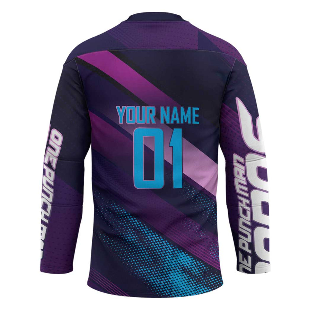 Personalized Boros Volleyball Action Design Hockey Jersey With a dynamic sporty style in purple and blue.