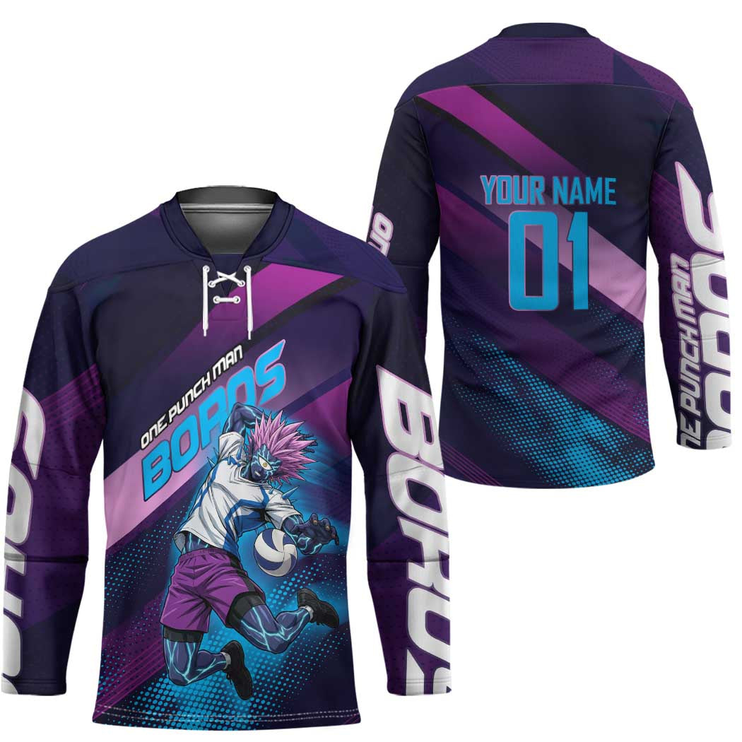 Personalized Boros Volleyball Action Design Hockey Jersey With a dynamic sporty style in purple and blue.