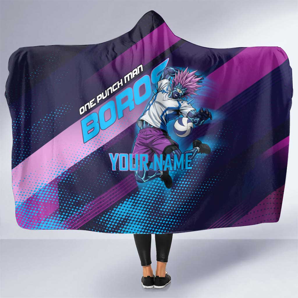 Personalized Boros Volleyball Action Design Hooded Blanket With a dynamic sporty style in purple and blue.