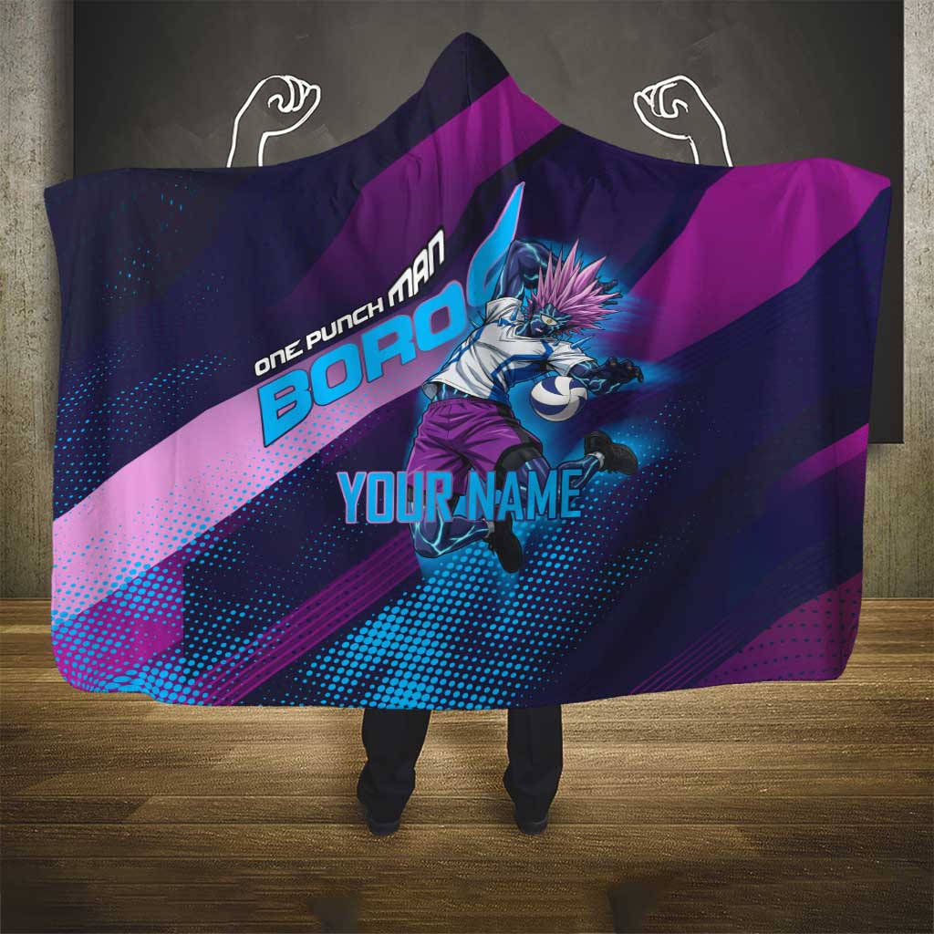 Personalized Boros Volleyball Action Design Hooded Blanket With a dynamic sporty style in purple and blue.