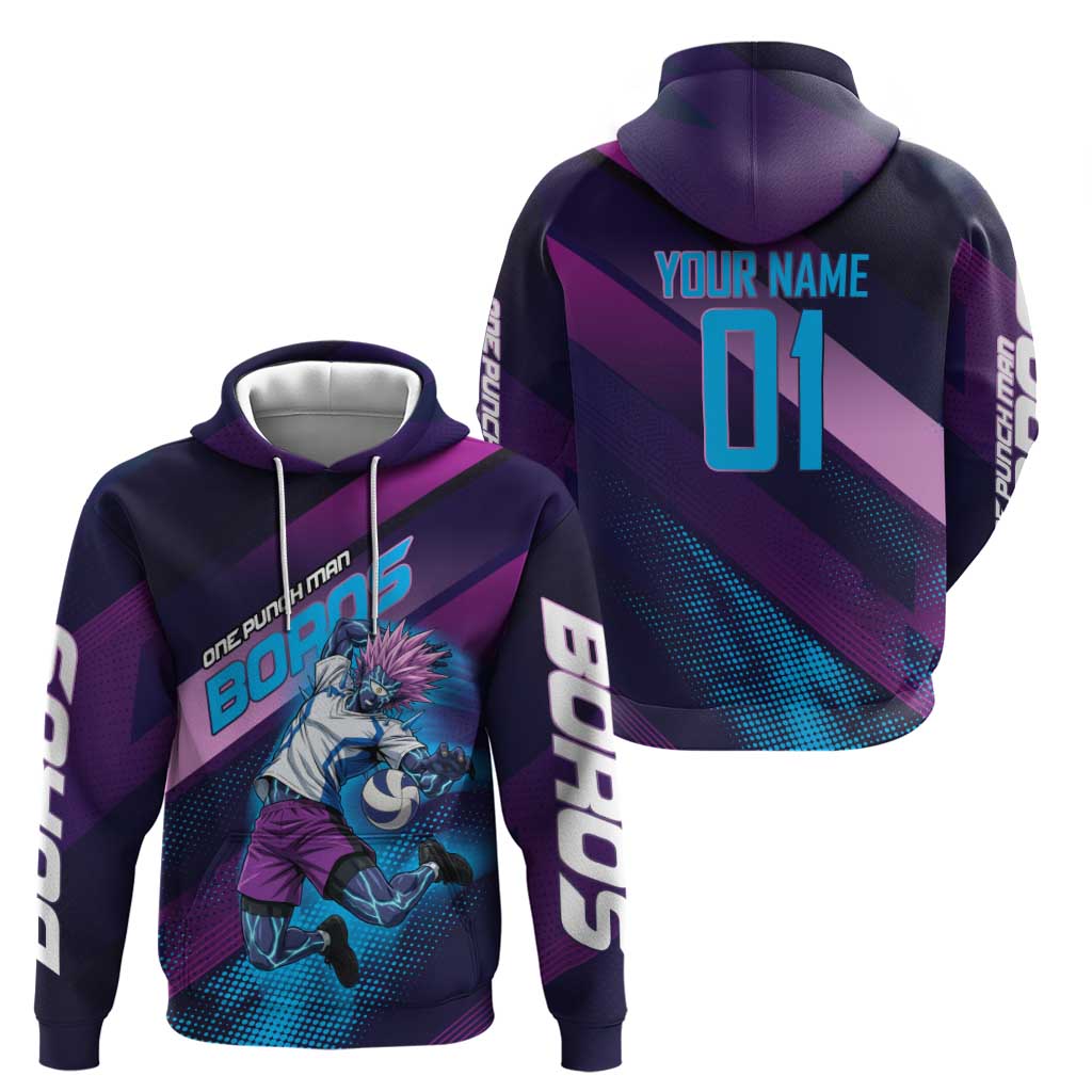 Personalized Boros Volleyball Action Design Hoodie With a dynamic sporty style in purple and blue.