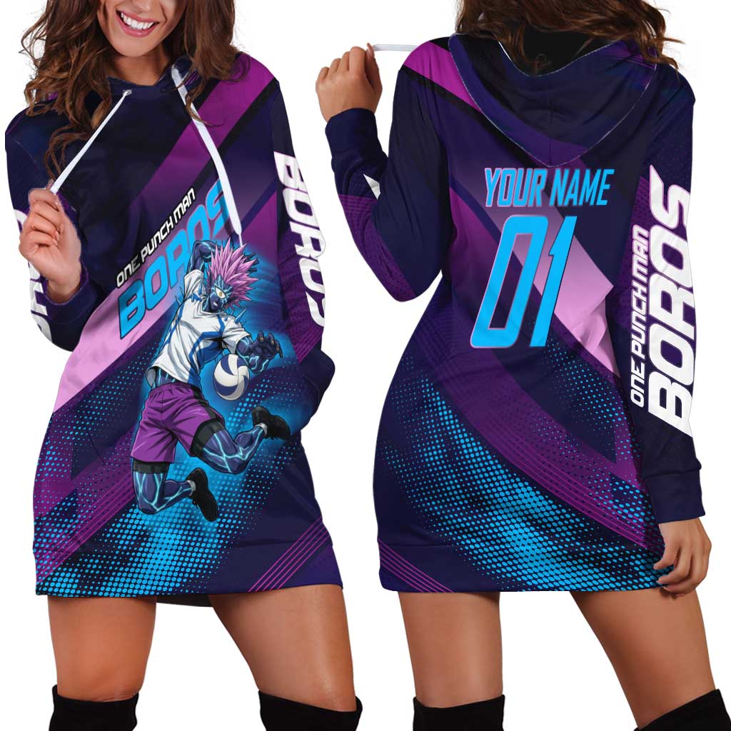 Personalized Boros Volleyball Action Design Hoodie Dress With a dynamic sporty style in purple and blue.