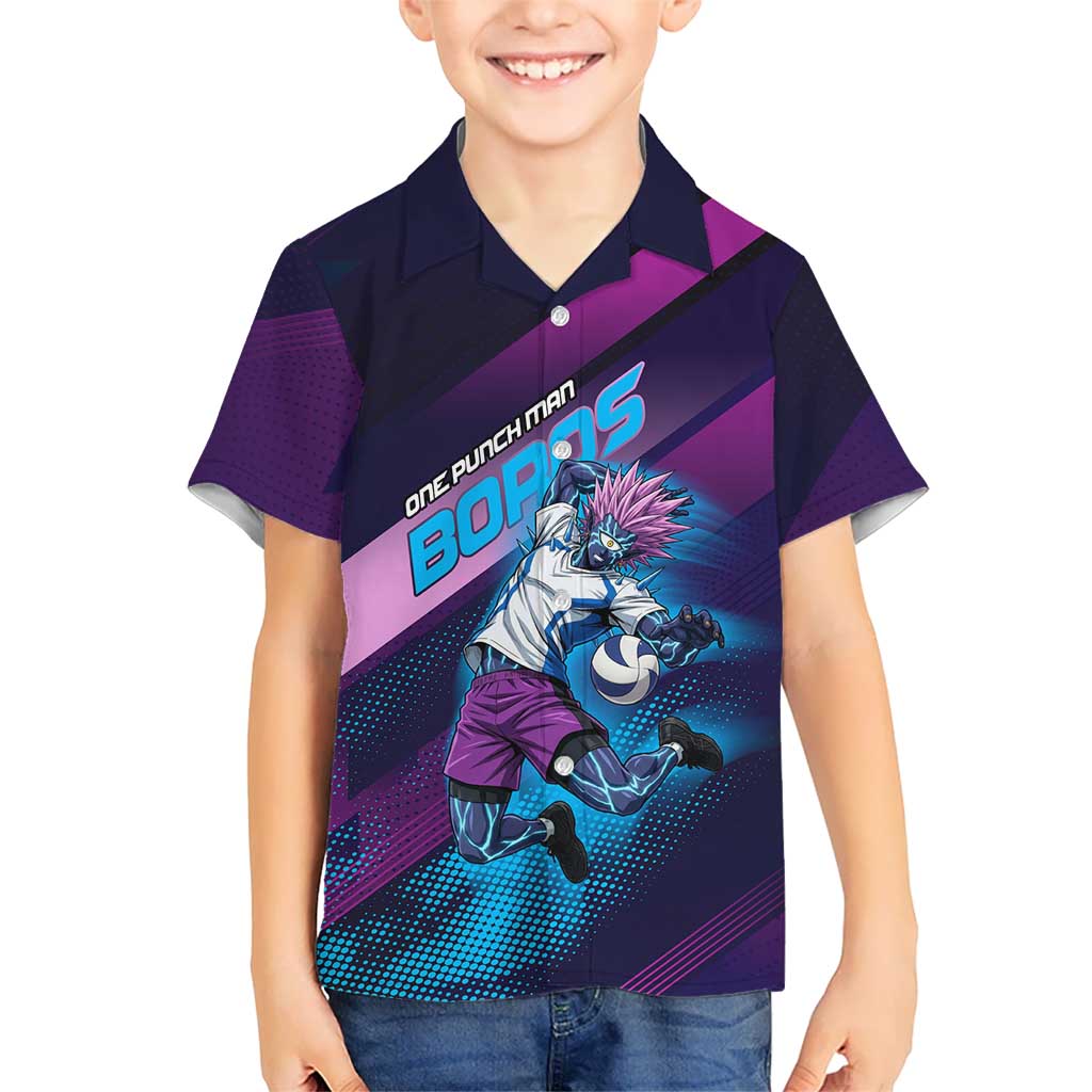 Personalized Boros Volleyball Action Design Kid Hawaiian Shirt With a dynamic sporty style in purple and blue.