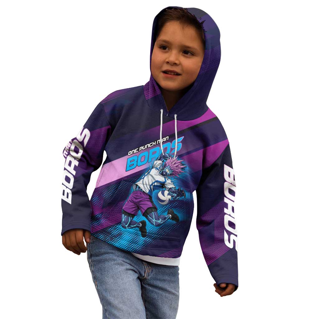 Personalized Boros Volleyball Action Design Kid Hoodie With a dynamic sporty style in purple and blue.