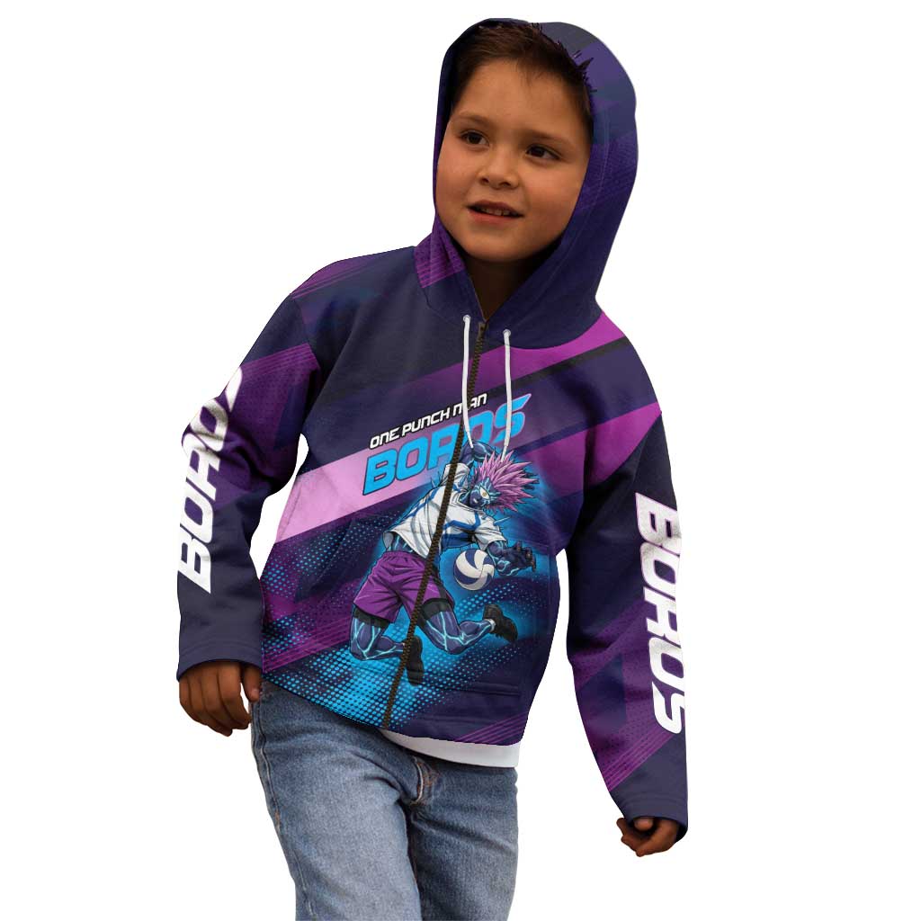 Personalized Boros Volleyball Action Design Kid Hoodie With a dynamic sporty style in purple and blue.