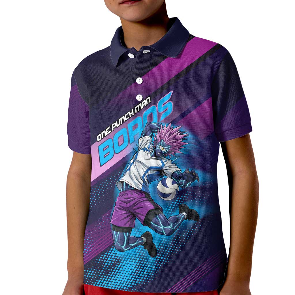 Personalized Boros Volleyball Action Design Kid Polo Shirt With a dynamic sporty style in purple and blue.