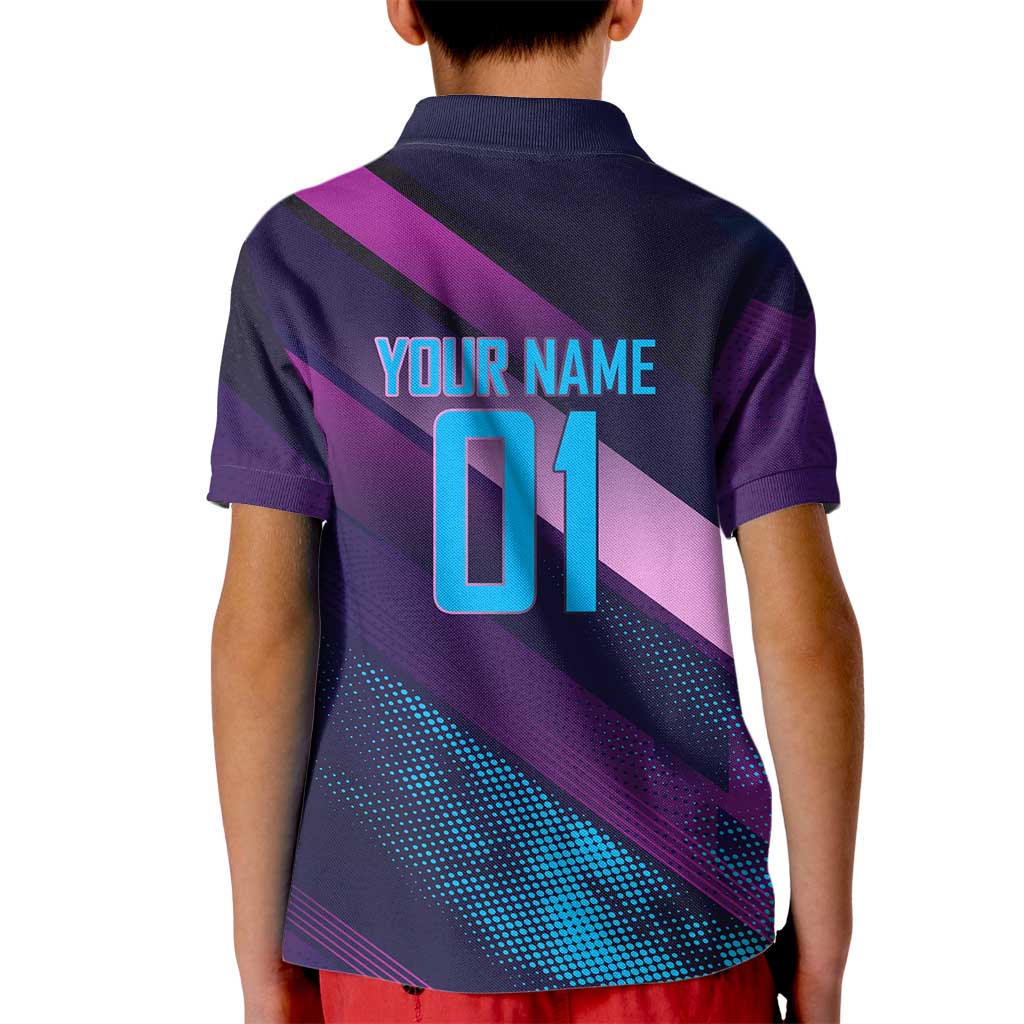 Personalized Boros Volleyball Action Design Kid Polo Shirt With a dynamic sporty style in purple and blue.