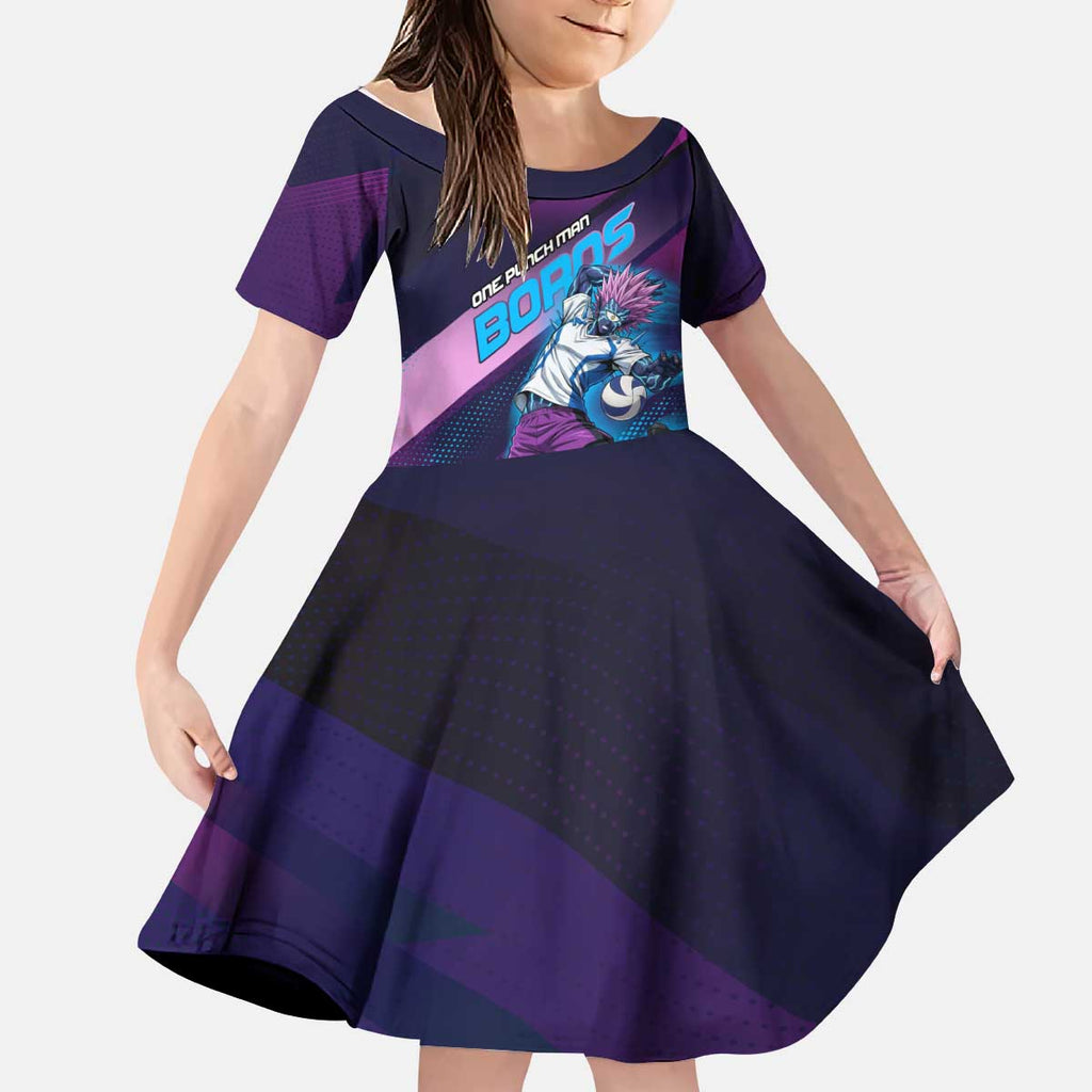 Personalized Boros Volleyball Action Design Kid Short Sleeve Dress With a dynamic sporty style in purple and blue.