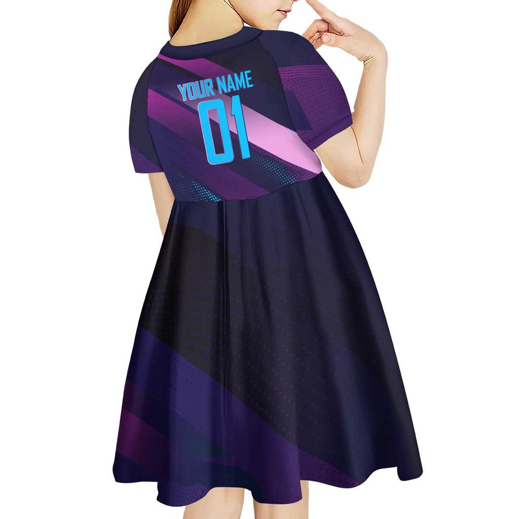 Personalized Boros Volleyball Action Design Kid Short Sleeve Dress With a dynamic sporty style in purple and blue.