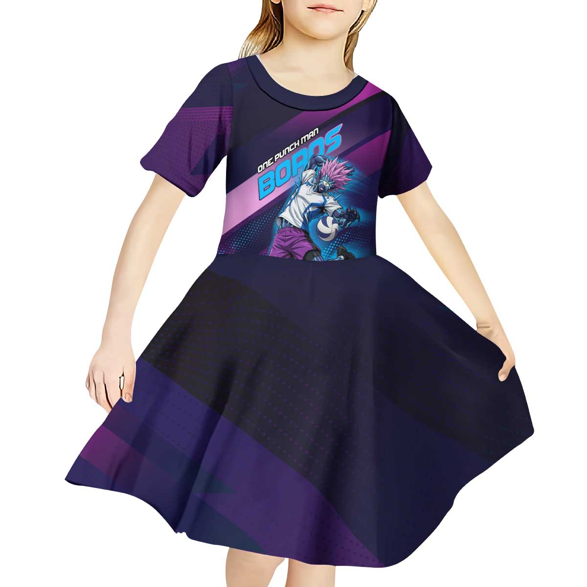 Personalized Boros Volleyball Action Design Kid Short Sleeve Dress With a dynamic sporty style in purple and blue.