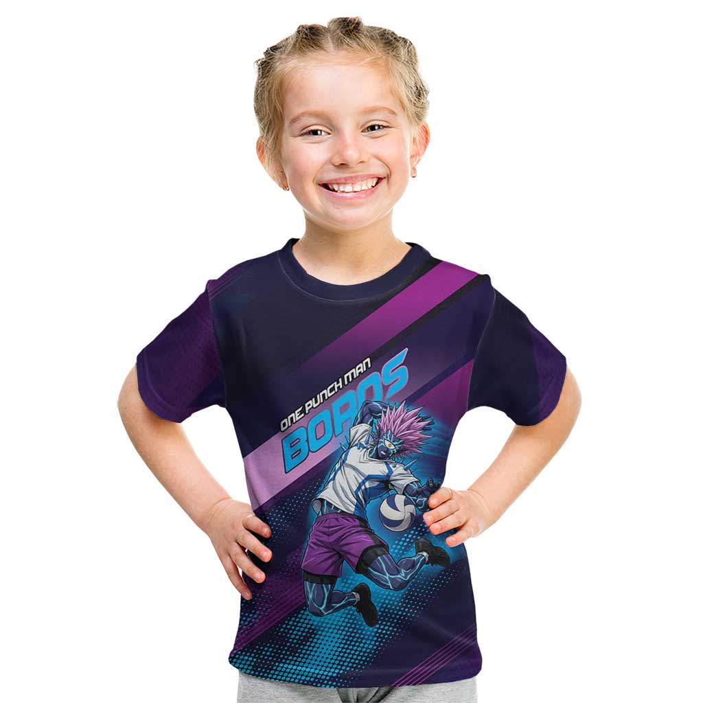Personalized Boros Volleyball Action Design Kid T Shirt With a dynamic sporty style in purple and blue.