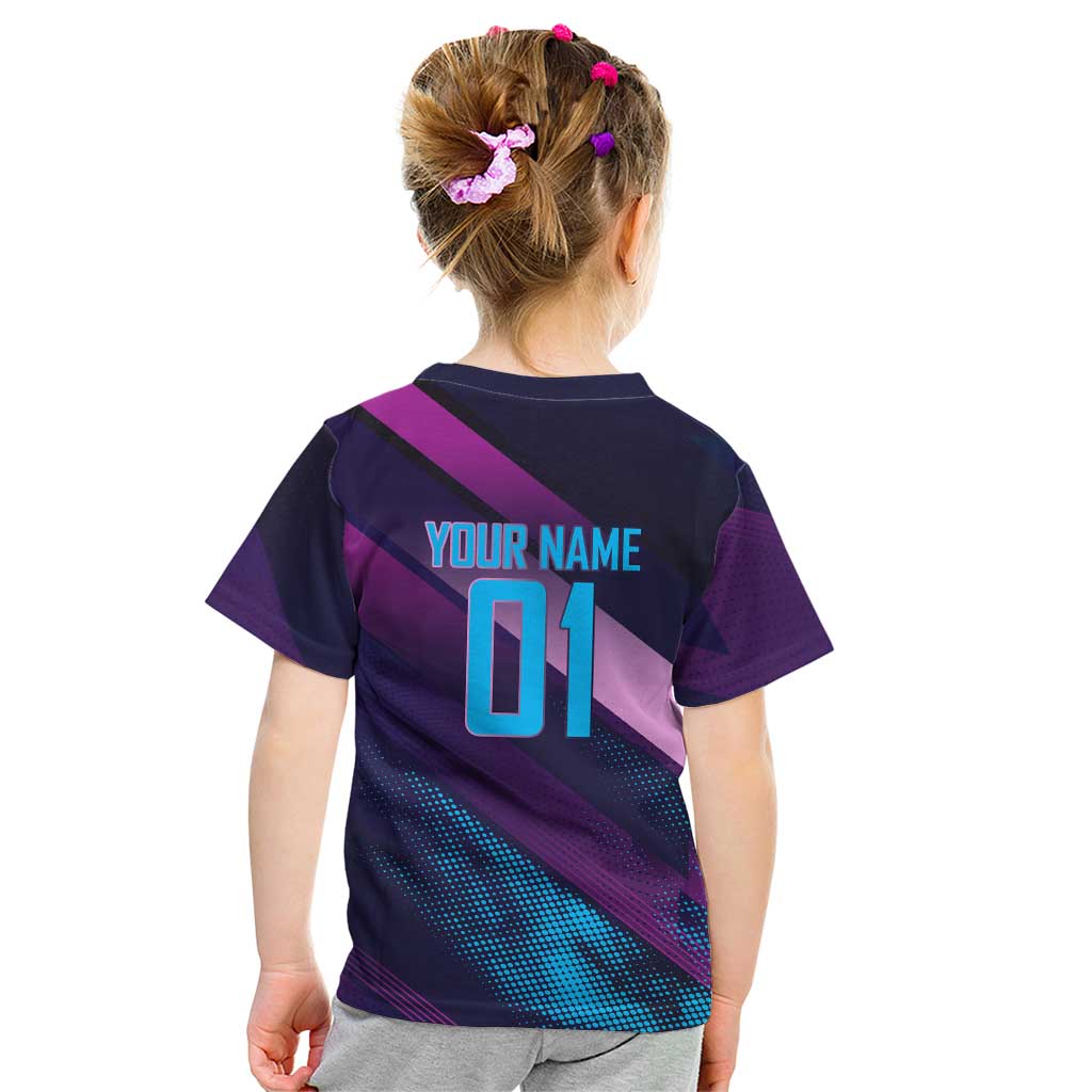 Personalized Boros Volleyball Action Design Kid T Shirt With a dynamic sporty style in purple and blue.