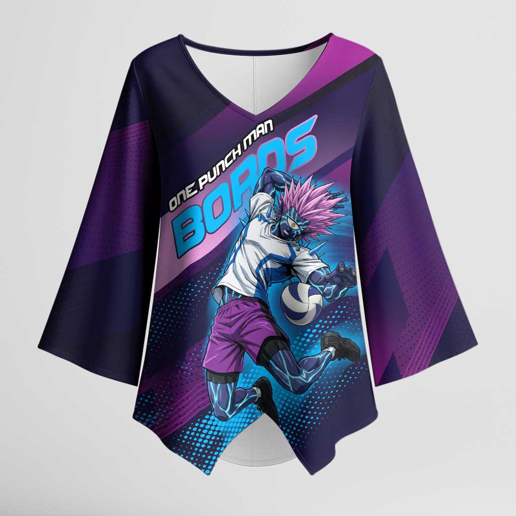 Personalized Boros Volleyball Action Design Kimono Sleeve Blouse With a dynamic sporty style in purple and blue.