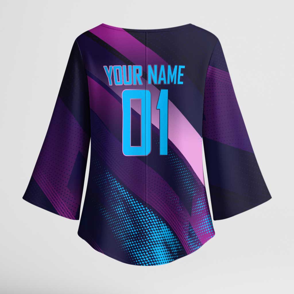 Personalized Boros Volleyball Action Design Kimono Sleeve Blouse With a dynamic sporty style in purple and blue.