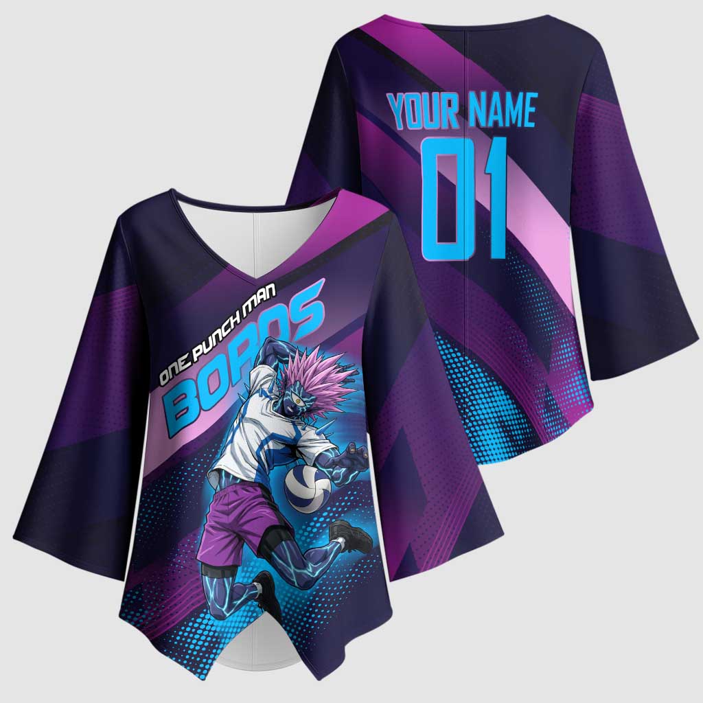 Personalized Boros Volleyball Action Design Kimono Sleeve Blouse With a dynamic sporty style in purple and blue.