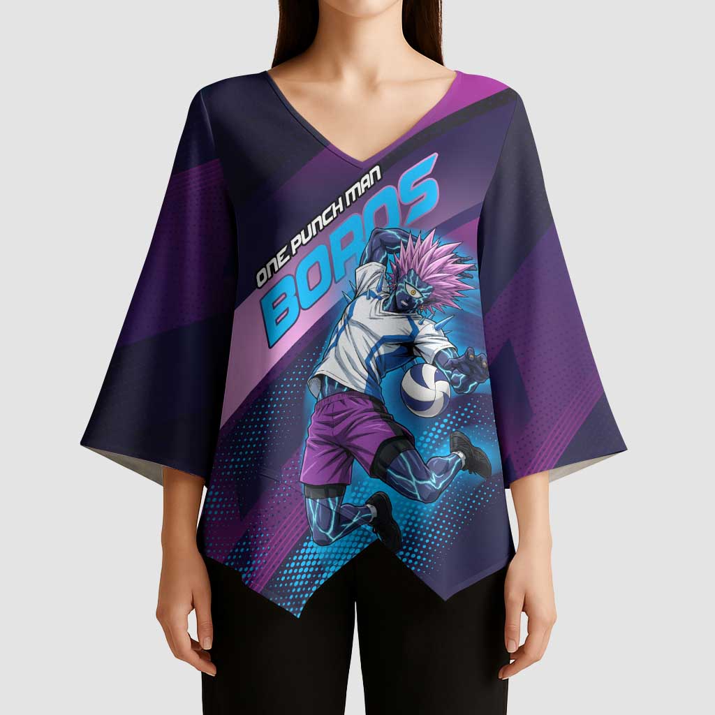 Personalized Boros Volleyball Action Design Kimono Sleeve Blouse With a dynamic sporty style in purple and blue.