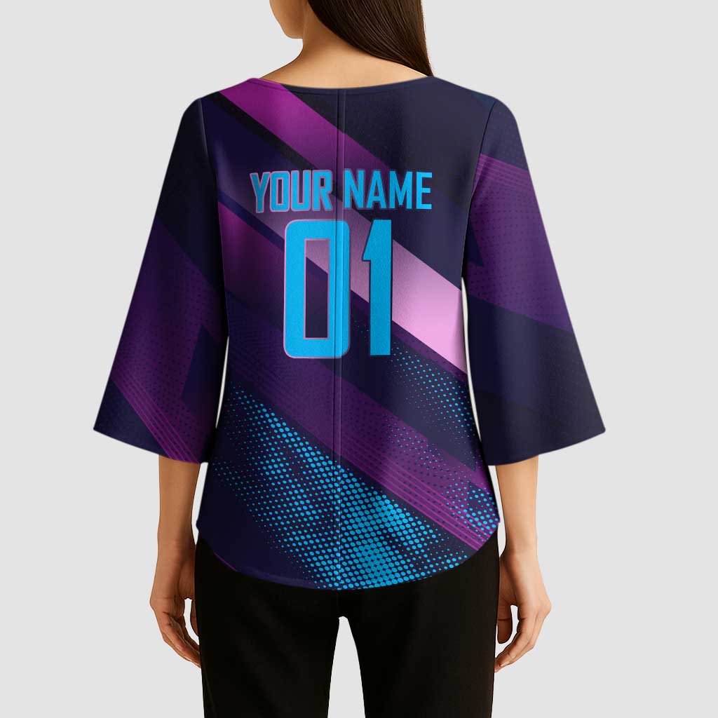 Personalized Boros Volleyball Action Design Kimono Sleeve Blouse With a dynamic sporty style in purple and blue.