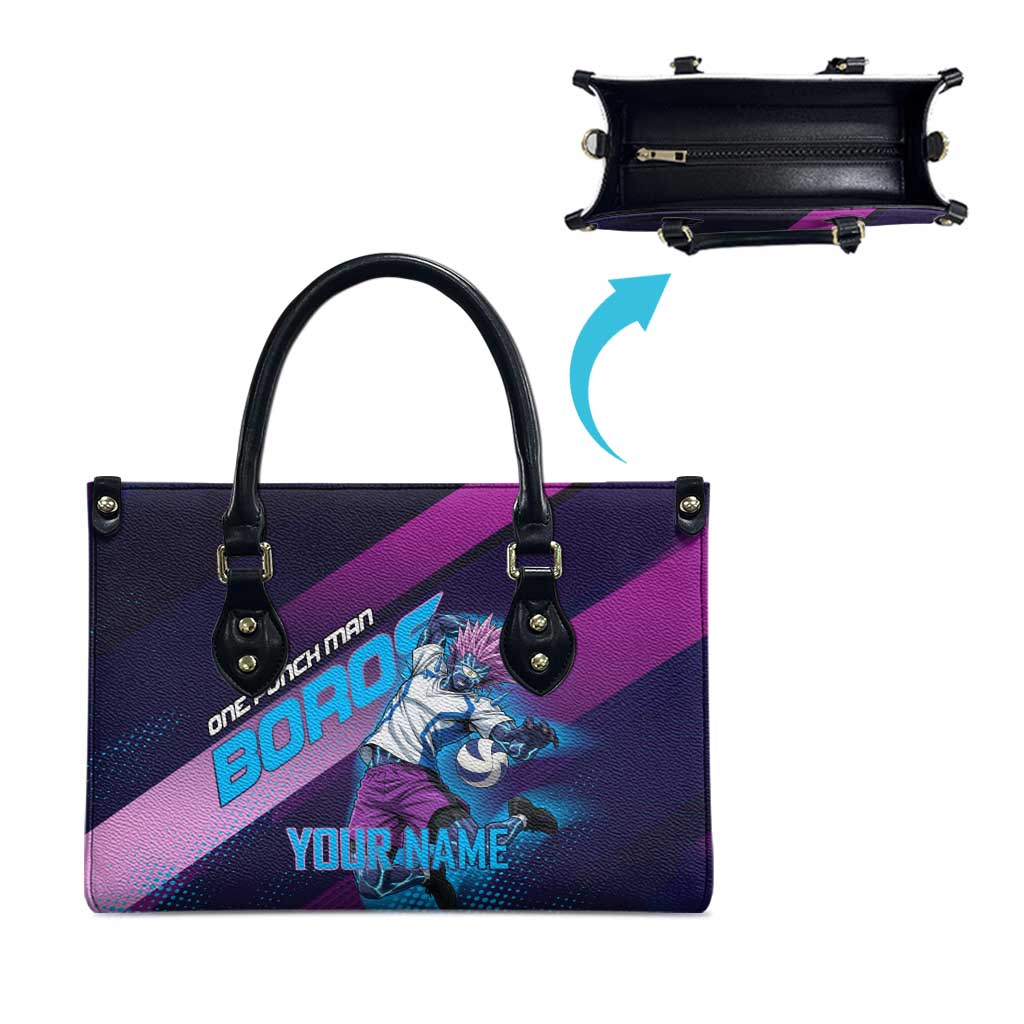 Personalized Boros Volleyball Action Design Leather Bag With a dynamic sporty style in purple and blue.