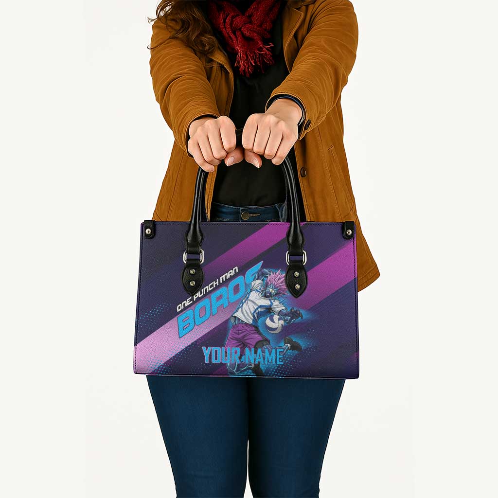 Personalized Boros Volleyball Action Design Leather Bag With a dynamic sporty style in purple and blue.