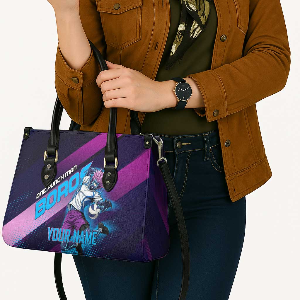 Personalized Boros Volleyball Action Design Leather Bag With a dynamic sporty style in purple and blue.