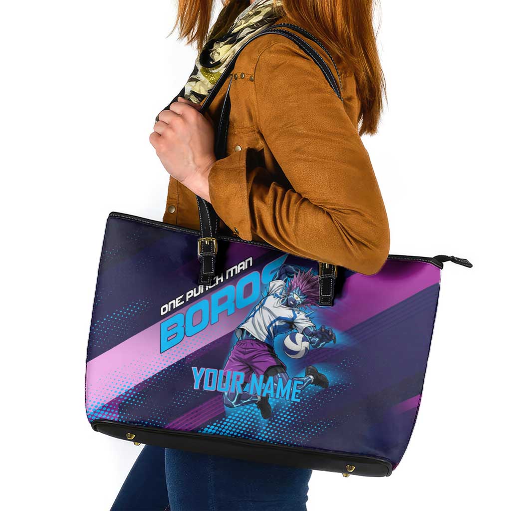 Personalized Boros Volleyball Action Design Leather Tote Bag With a dynamic sporty style in purple and blue.