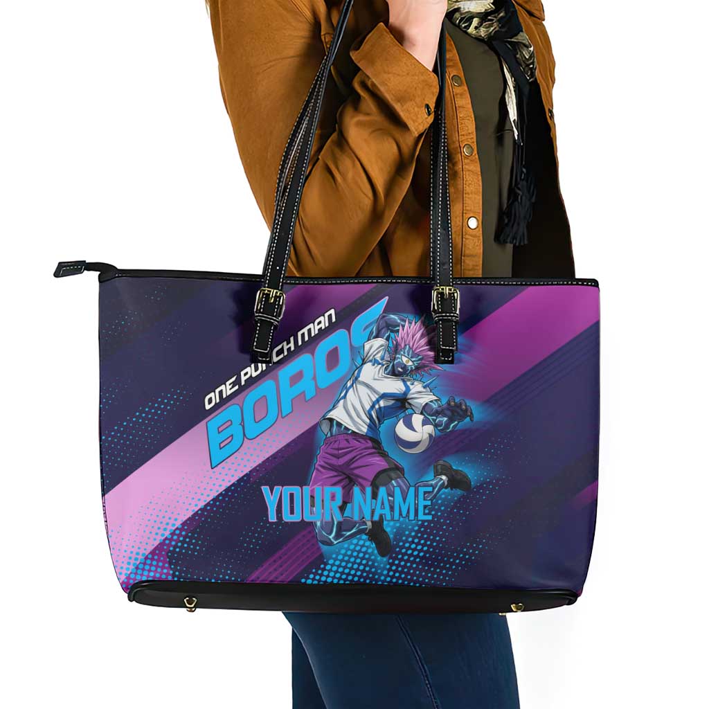 Personalized Boros Volleyball Action Design Leather Tote Bag With a dynamic sporty style in purple and blue.