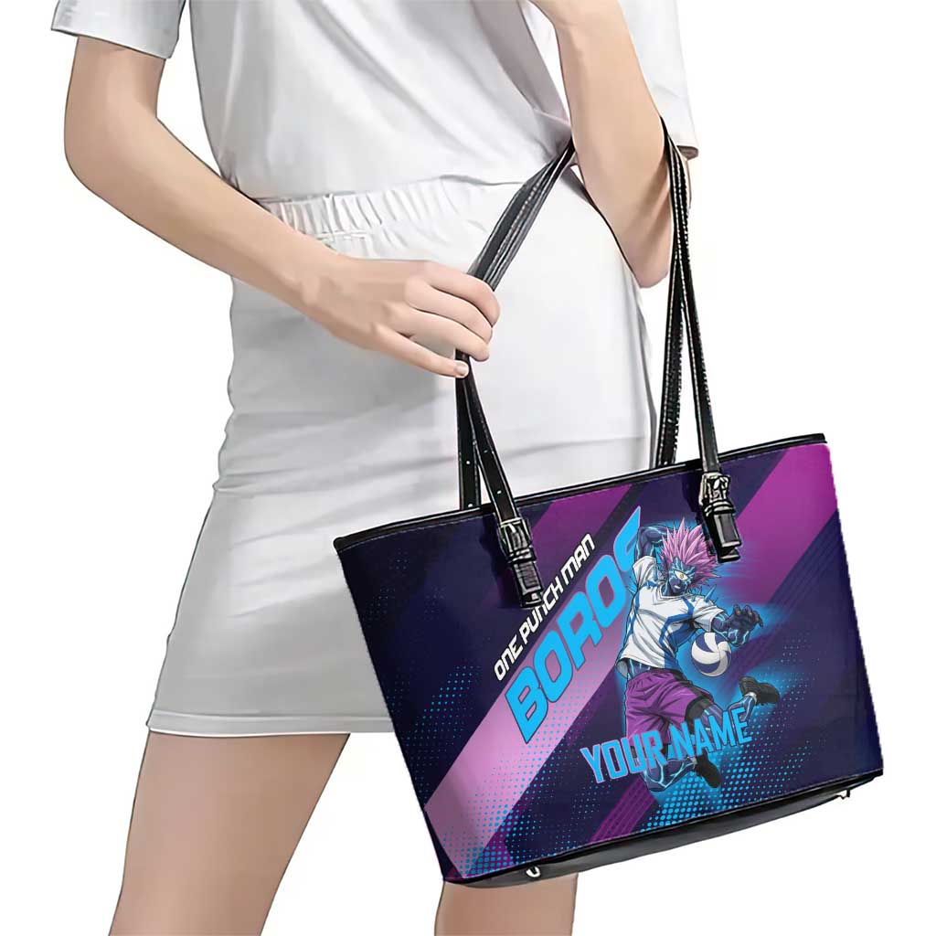 Personalized Boros Volleyball Action Design Leather Tote Bag With a dynamic sporty style in purple and blue.