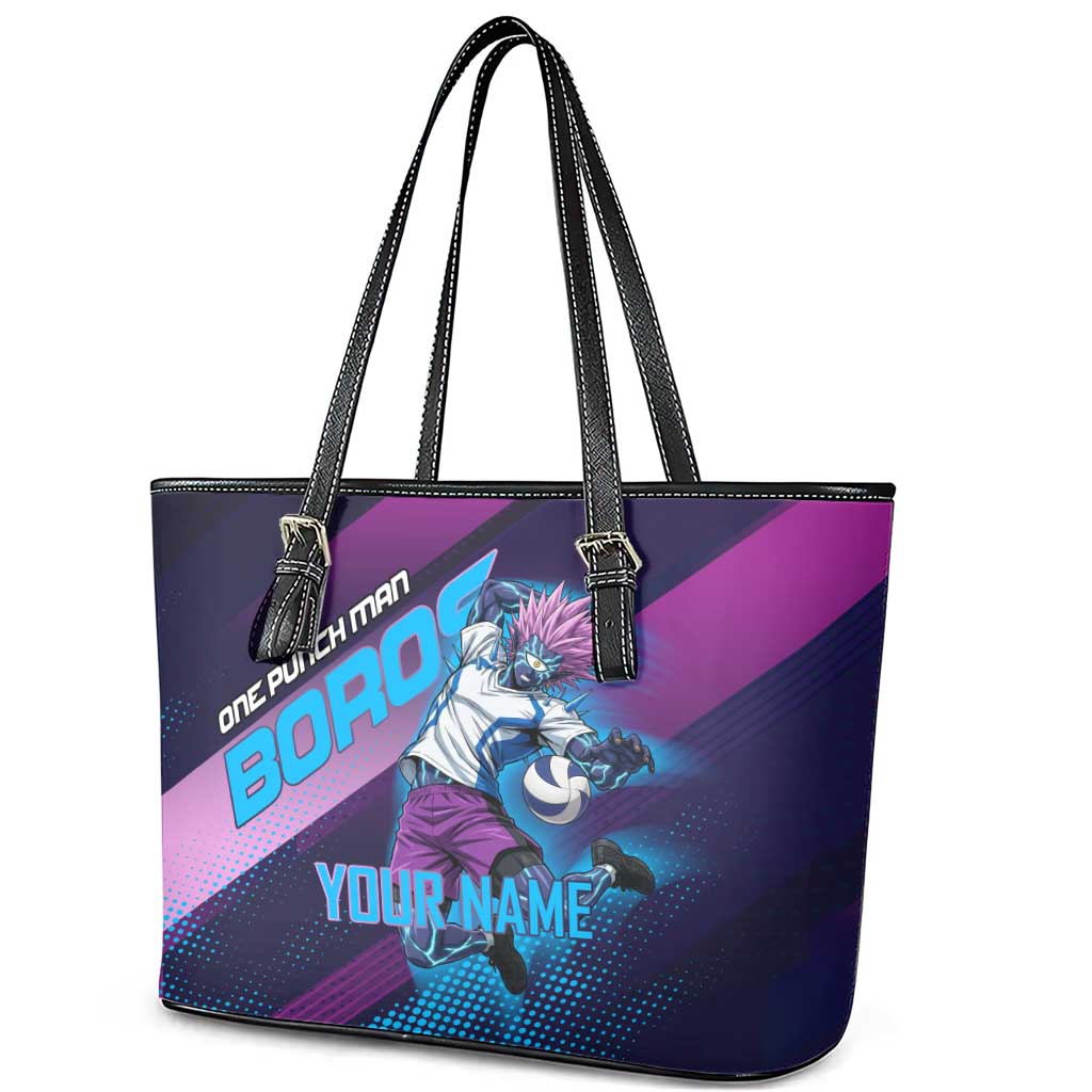 Personalized Boros Volleyball Action Design Leather Tote Bag With a dynamic sporty style in purple and blue.