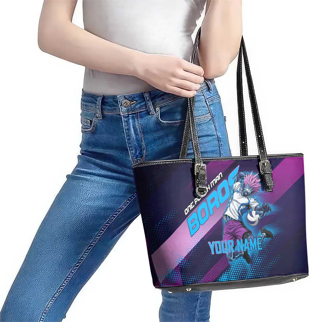 Personalized Boros Volleyball Action Design Leather Tote Bag With a dynamic sporty style in purple and blue.