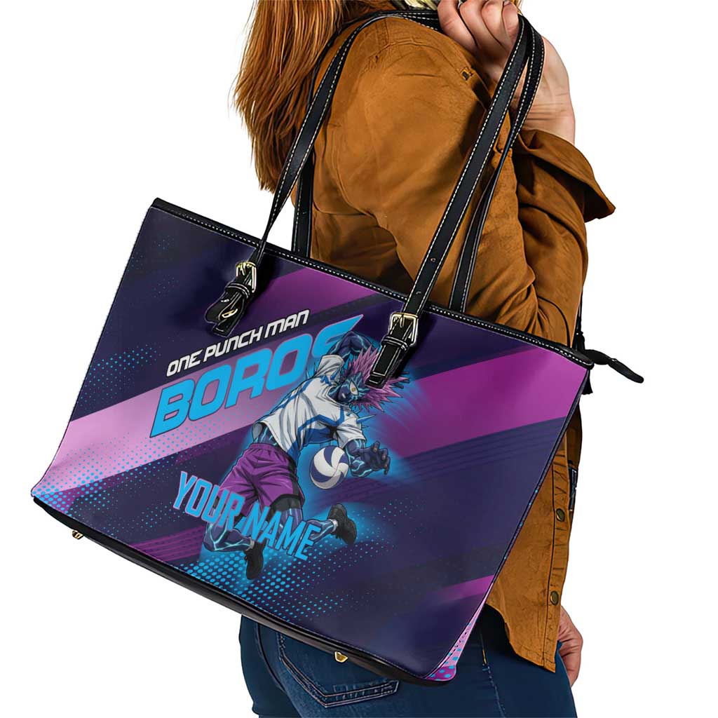 Personalized Boros Volleyball Action Design Leather Tote Bag With a dynamic sporty style in purple and blue.