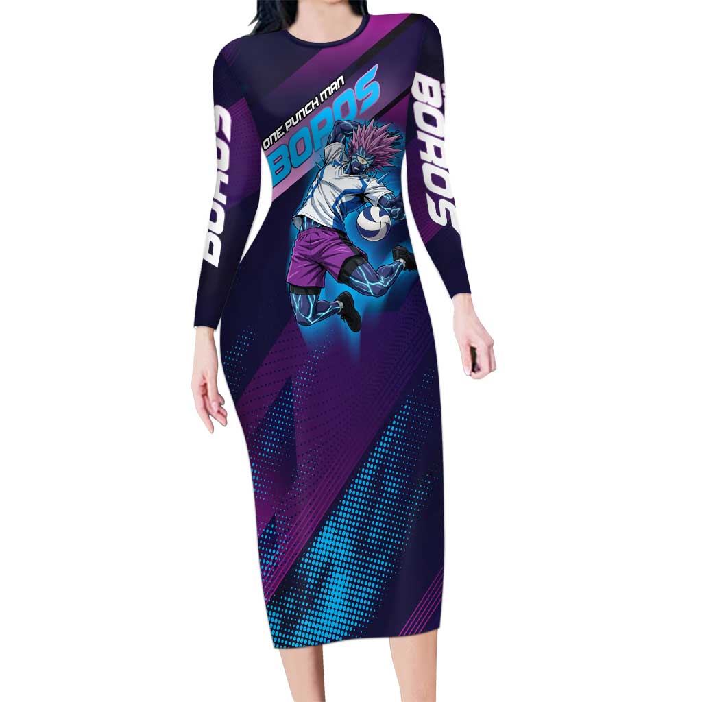Personalized Boros Volleyball Action Design Long Sleeve Bodycon Dress With a dynamic sporty style in purple and blue.