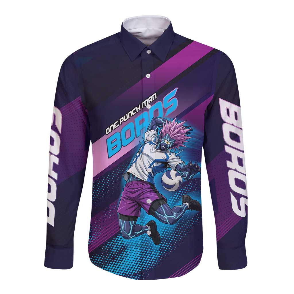 Personalized Boros Volleyball Action Design Long Sleeve Button Shirt With a dynamic sporty style in purple and blue.